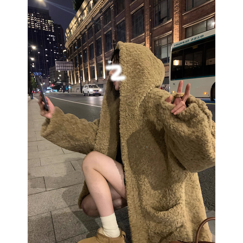 Палто от полиестер с качулка за жени, свободен силует, средна дебелина, едноцветно, ежедневен стил