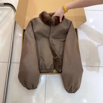 Parka s lažnim mink krznom za žene, zima 2025, kratki model, dugi rukavi, polo ovratnik, poliester tkanina