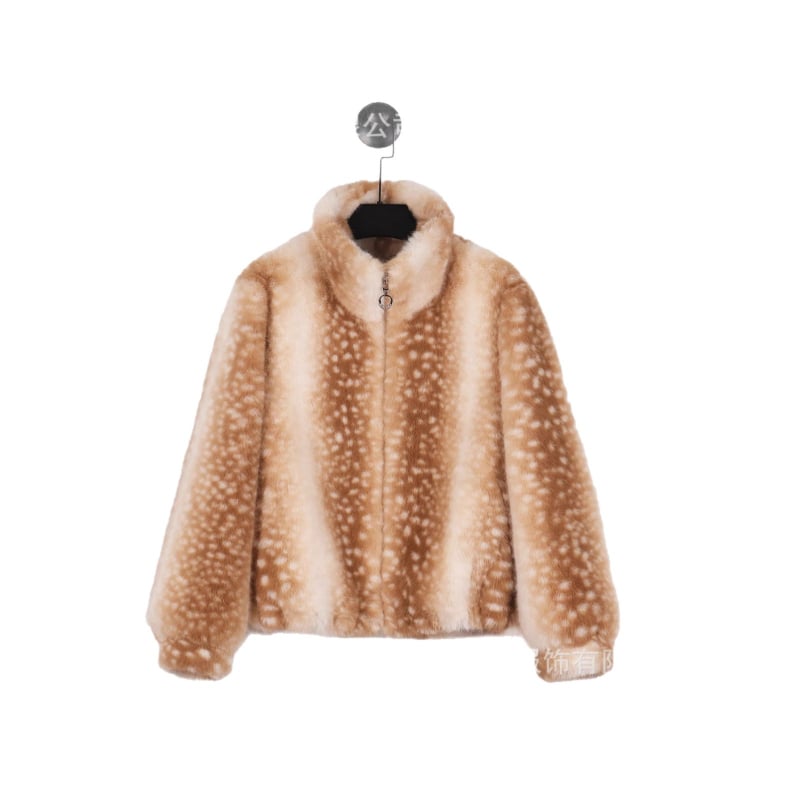 Ženska kožuh jakna s leopardnim printom od zlatog mink velura, casual stil, dugi rukavi, stojeći ovratnik