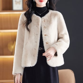 Palton scurt din blană de nurcă, guler polo, fără mâneci, țesătură chenille cu spandex, pentru femei adulte