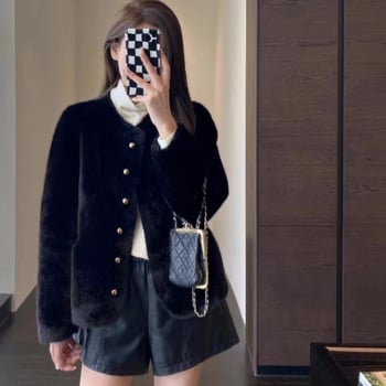 Palton scurt din blană de nurcă, guler polo, fără mâneci, țesătură chenille cu spandex, pentru femei adulte