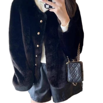 Palton scurt din blană de nurcă, guler polo, fără mâneci, țesătură chenille cu spandex, pentru femei adulte