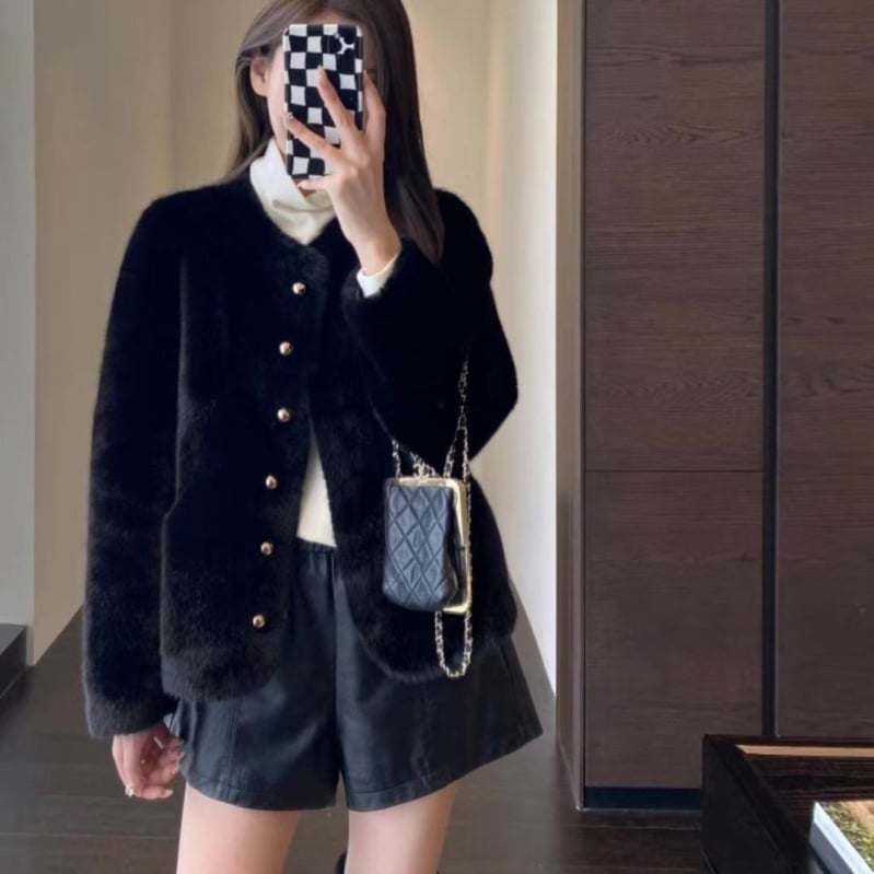 Palton scurt din blană de nurcă, guler polo, fără mâneci, țesătură chenille cu spandex, pentru femei adulte