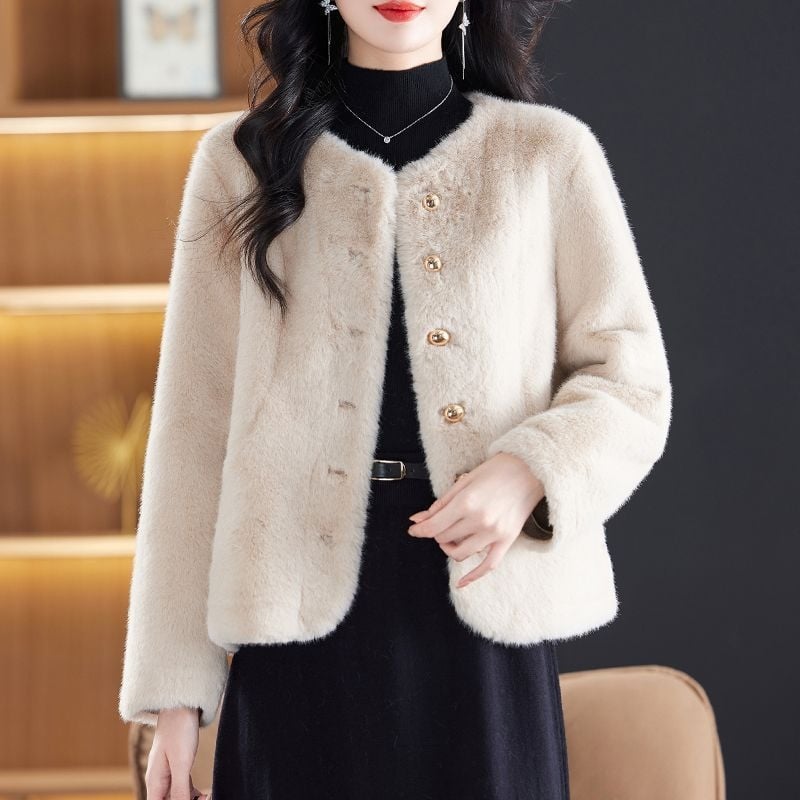 Palton scurt din blană de nurcă, guler polo, fără mâneci, țesătură chenille cu spandex, pentru femei adulte