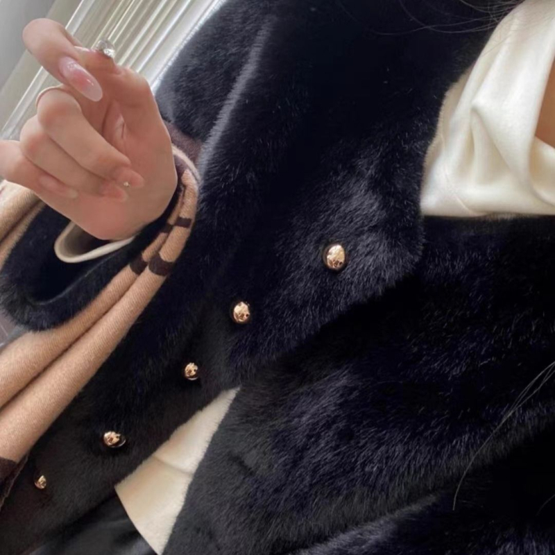 Palton scurt din blană de nurcă, guler polo, fără mâneci, țesătură chenille cu spandex, pentru femei adulte