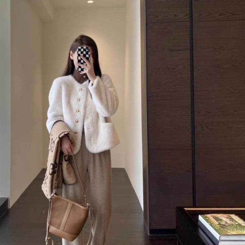 Palton scurt din blană de nurcă, guler polo, fără mâneci, țesătură chenille cu spandex, pentru femei adulte