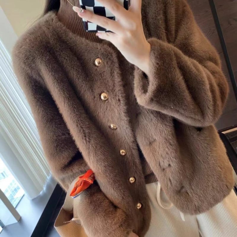 Palton scurt din blană de nurcă, guler polo, fără mâneci, țesătură chenille cu spandex, pentru femei adulte