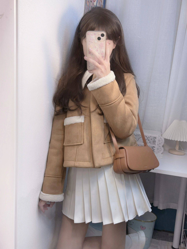 Palton din bumbac cu rever din velur, mâneci lungi, greutate medie, lungime normală