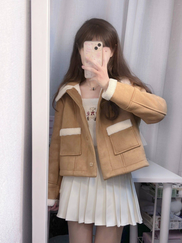 Palton din bumbac cu rever din velur, mâneci lungi, greutate medie, lungime normală