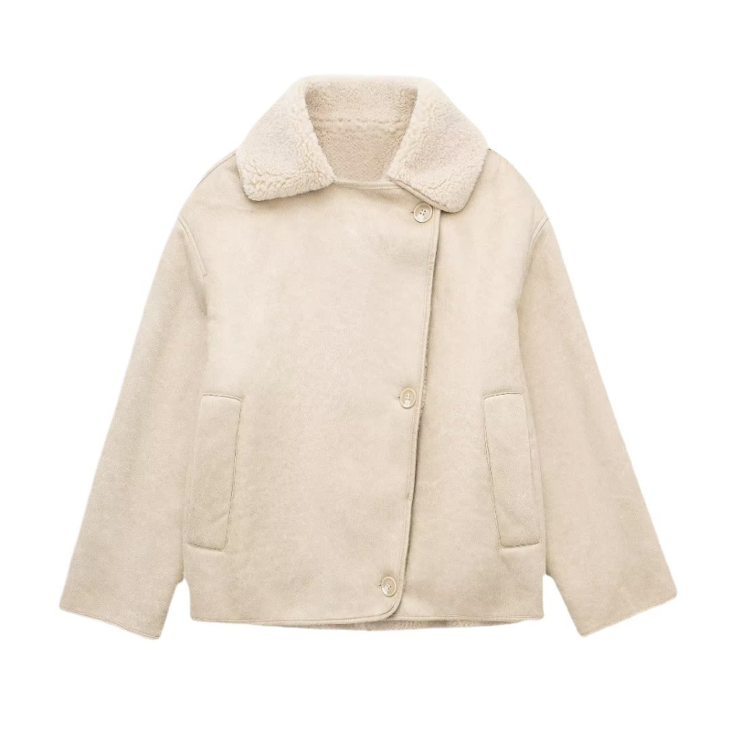 Παλτό με γούνα ενσωματωμένη, γιακά τύπου πέτο, φερμουάρ, χαλαρή γραμμή, πολυεστέρας