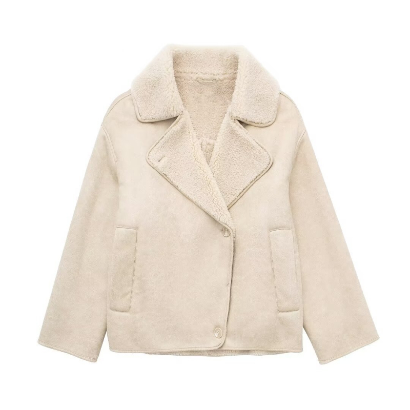 Παλτό με γούνα ενσωματωμένη, γιακά τύπου πέτο, φερμουάρ, χαλαρή γραμμή, πολυεστέρας