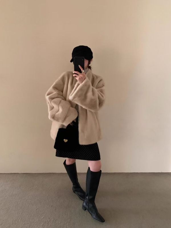 Palton din blană sintetică, stil coreean, eco-friendly, lungime medie, guler rever, iarnă 2025