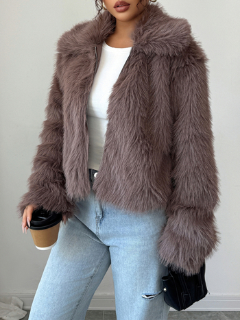 Palton damă cu guler din blană artificială, țesătură din poliester, mâneci lungi, foarte gros, lungime normală