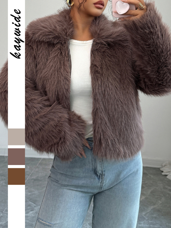 Palton damă cu guler din blană artificială, țesătură din poliester, mâneci lungi, foarte gros, lungime normală