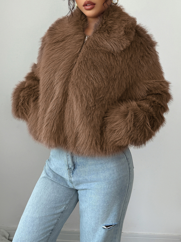 Palton damă cu guler din blană artificială, țesătură din poliester, mâneci lungi, foarte gros, lungime normală