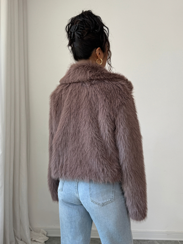 Palton damă cu guler din blană artificială, țesătură din poliester, mâneci lungi, foarte gros, lungime normală