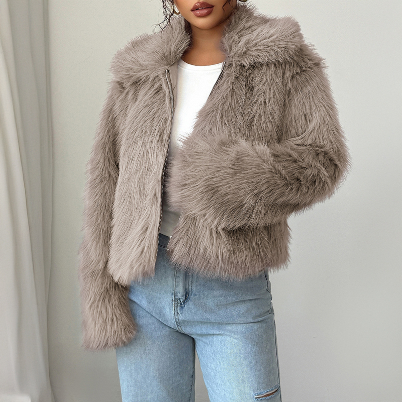 Palton damă cu guler din blană artificială, țesătură din poliester, mâneci lungi, foarte gros, lungime normală