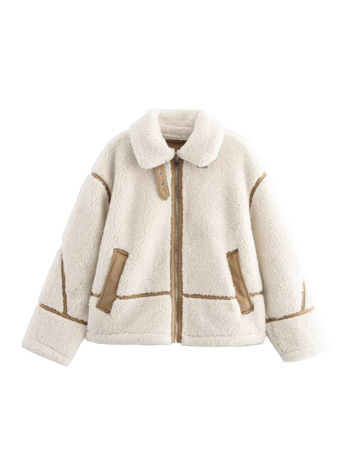Kaput s panelima umjetne ovčje kože i fleece obloge, prednji zatvarač, dugi rukavi, srednja debljina, duljina 50–65 cm, mješavina poliestera 50–70% i 30–50%