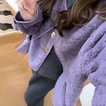 Geacă de damă din Chenille cu elastan, croială lejeră, guler polo, buzunare cu nasturi