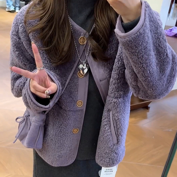 Geacă de damă din Chenille cu elastan, croială lejeră, guler polo, buzunare cu nasturi