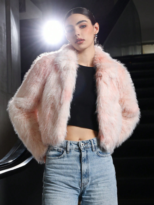 Jachetă damă din blană artificială cu guler înalt, mâneci lungi, material poliester, stil casual, lungime 50–65 cm