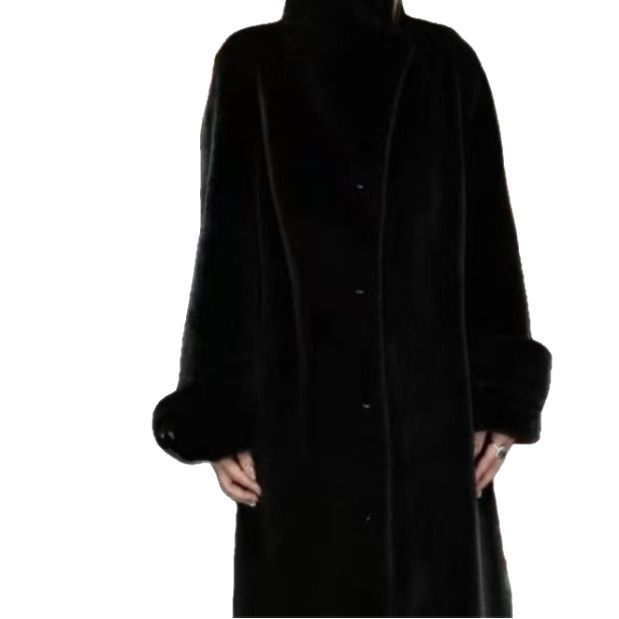 Paltoană damă din blană artificială, lung, croială Slim, guler în V, mâneci lungi