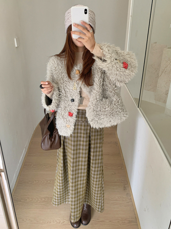 GAGD Palto de blană pentru femei, iarnă 2025, fără guler, cataramă din piele, blană artificială din lână de miel, material poliester