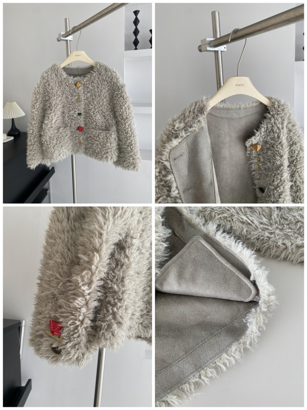 GAGD Palto de blană pentru femei, iarnă 2025, fără guler, cataramă din piele, blană artificială din lână de miel, material poliester