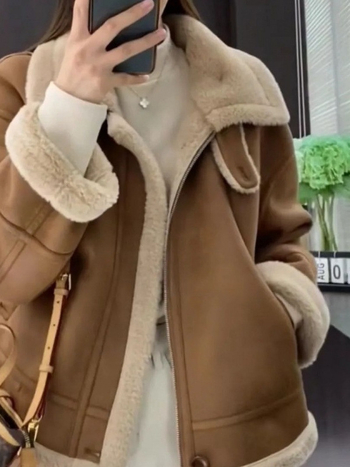 Palton din lână de miel pentru femei, palton scurt din acril gros, guler polo, nasturi