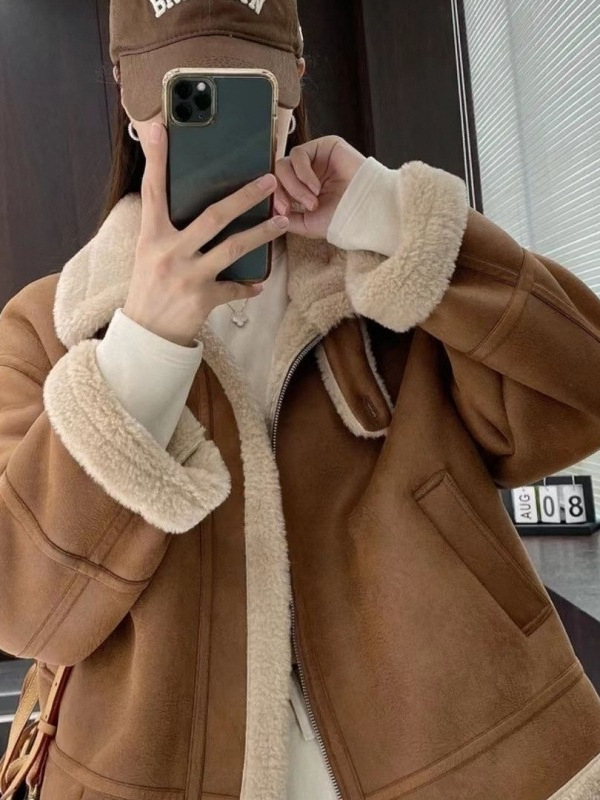 Palton din lână de miel pentru femei, palton scurt din acril gros, guler polo, nasturi