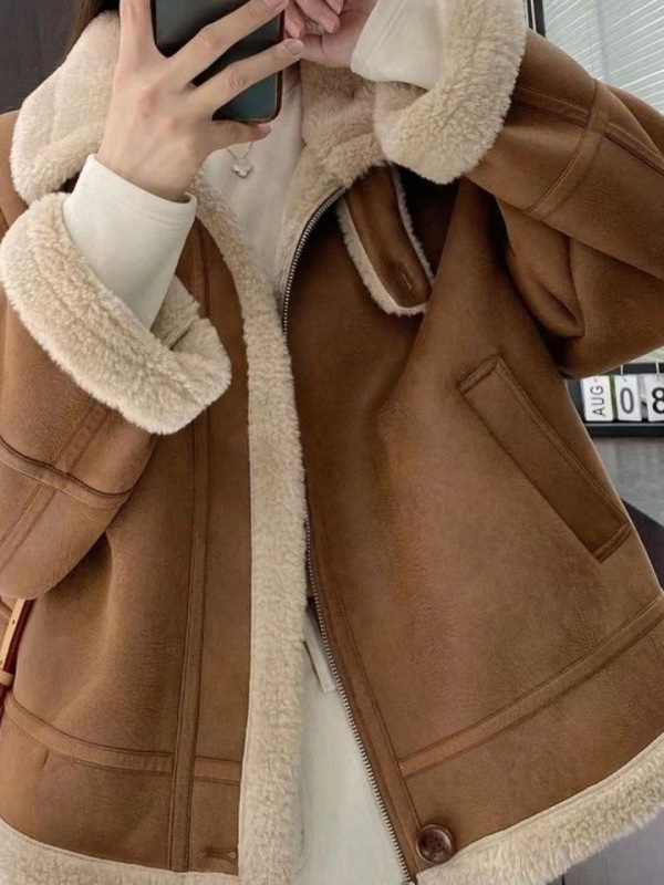 Palton din lână de miel pentru femei, palton scurt din acril gros, guler polo, nasturi