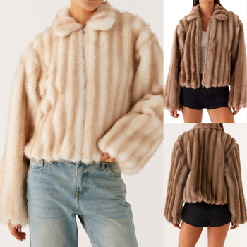 Palton damă din blană artificială, poliester gros, croială lejeră, guler rever, fermoar, design colaj