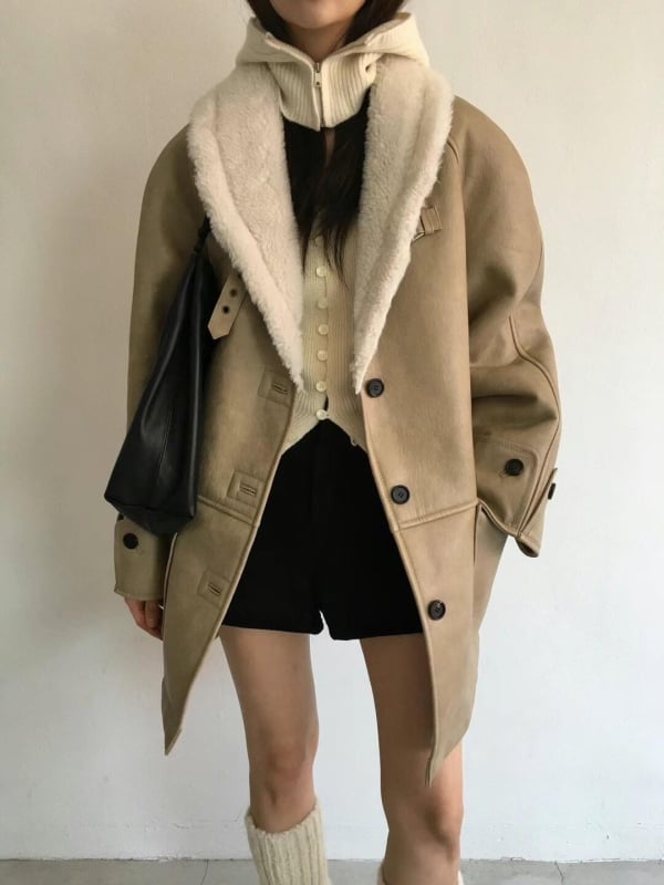 Jachetă din piele cu shearling integrat – guler rever, lungă, croială lejeră, pentru femei, iarnă 2024