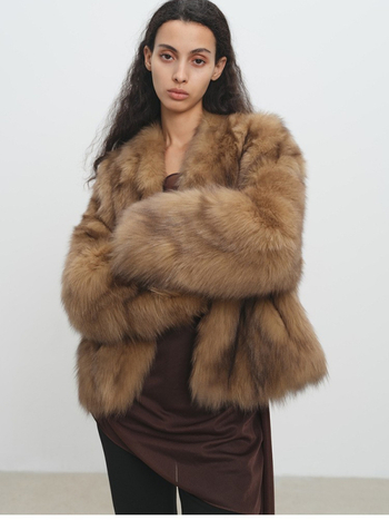 Jachetă din blană artificială, decolteu în V, mâneci lungi, stil Little Chanel