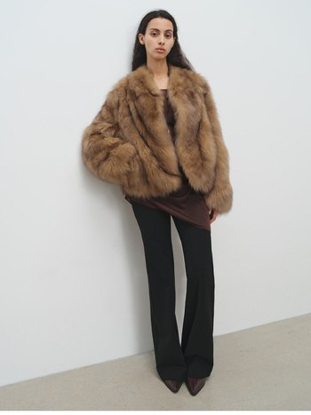 Jachetă din blană artificială, decolteu în V, mâneci lungi, stil Little Chanel