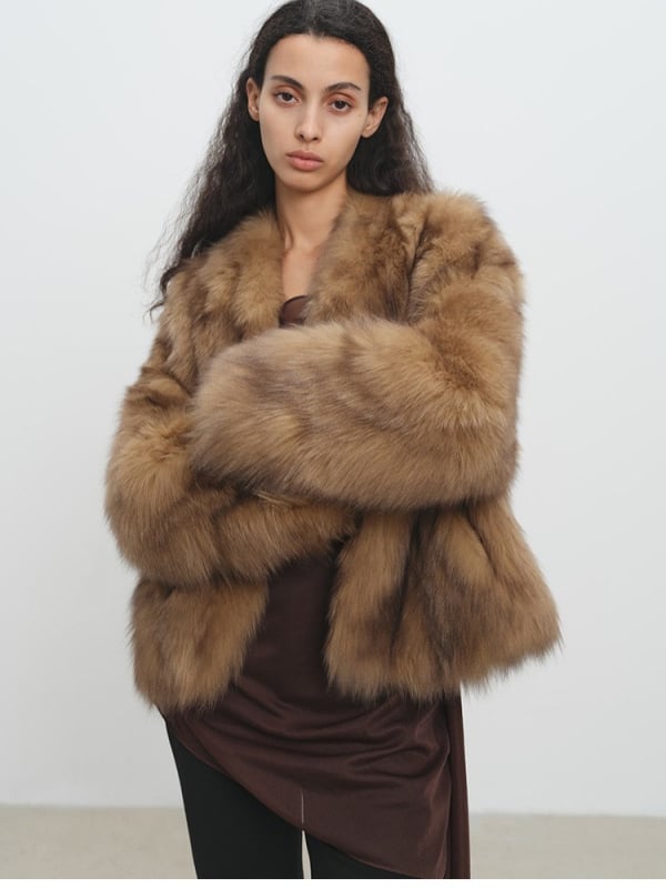 Jachetă din blană artificială, decolteu în V, mâneci lungi, stil Little Chanel