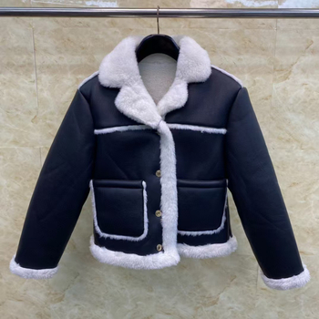 TB THOM Jachetă scurtă din blană pentru femei, cu rever și guler din blană adevărată, stil colegial casual