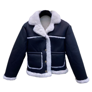 TB THOM Jachetă scurtă din blană pentru femei, cu rever și guler din blană adevărată, stil colegial casual