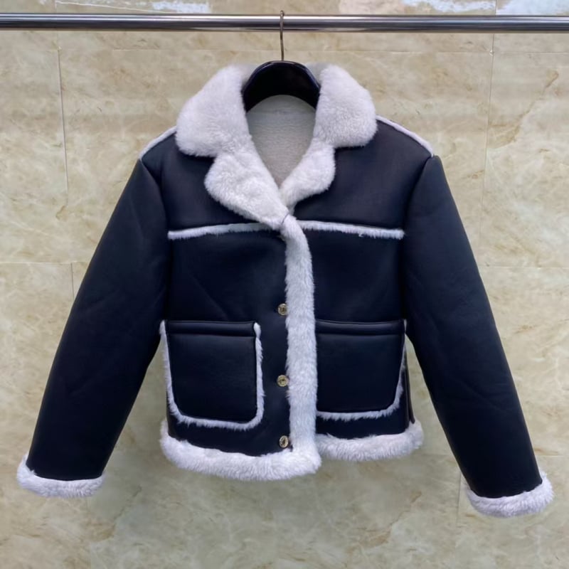 TB THOM Jachetă scurtă din blană pentru femei, cu rever și guler din blană adevărată, stil colegial casual