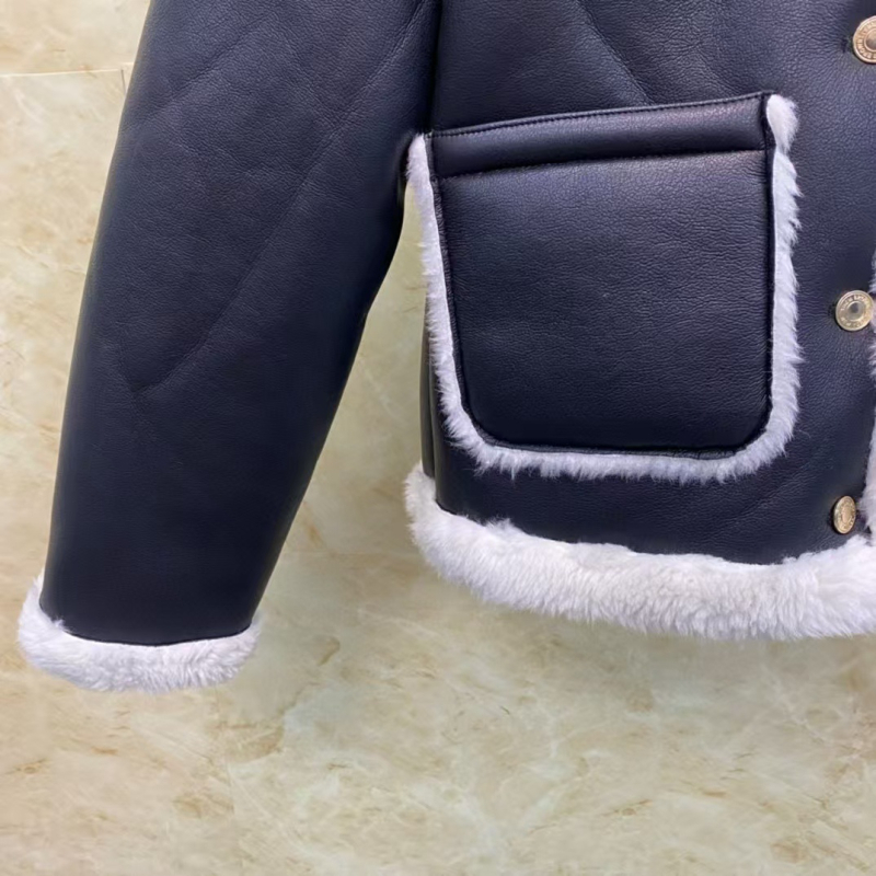 TB THOM Jachetă scurtă din blană pentru femei, cu rever și guler din blană adevărată, stil colegial casual