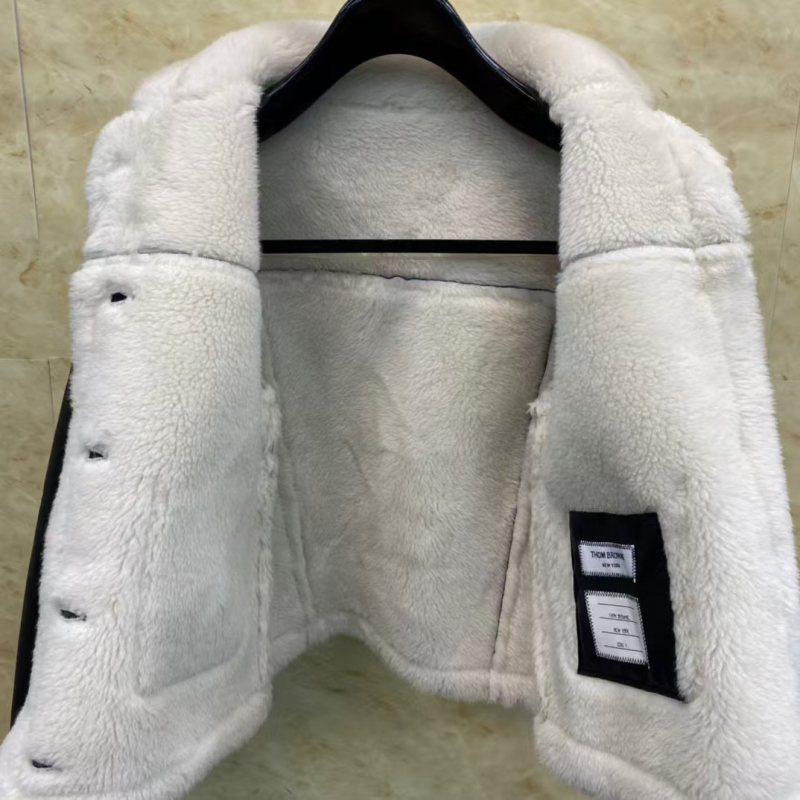 TB THOM Jachetă scurtă din blană pentru femei, cu rever și guler din blană adevărată, stil colegial casual