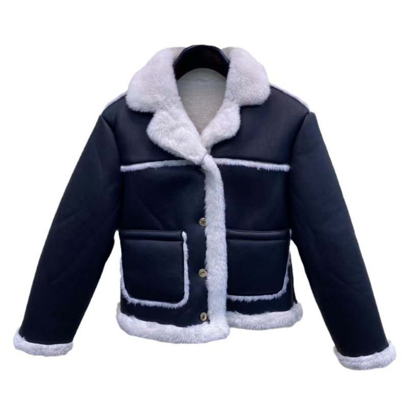 TB THOM Jachetă scurtă din blană pentru femei, cu rever și guler din blană adevărată, stil colegial casual