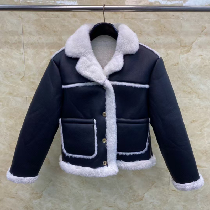 TB THOM Jachetă scurtă din blană pentru femei, cu rever și guler din blană adevărată, stil colegial casual