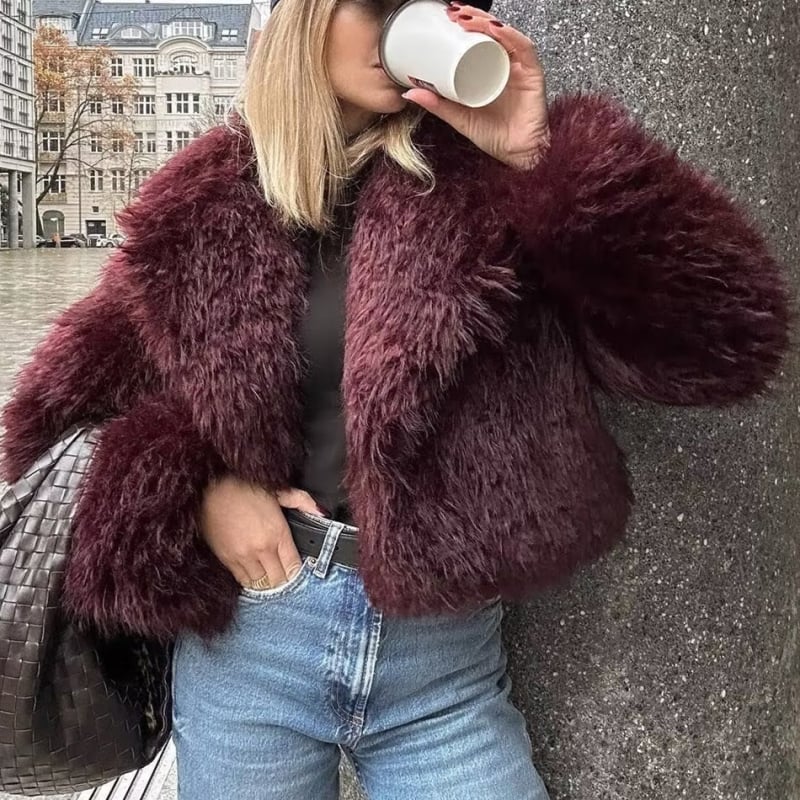 Palto scurt din blană artificială eco, femei, stil street fashion, iarna 2024, poliester 95%+