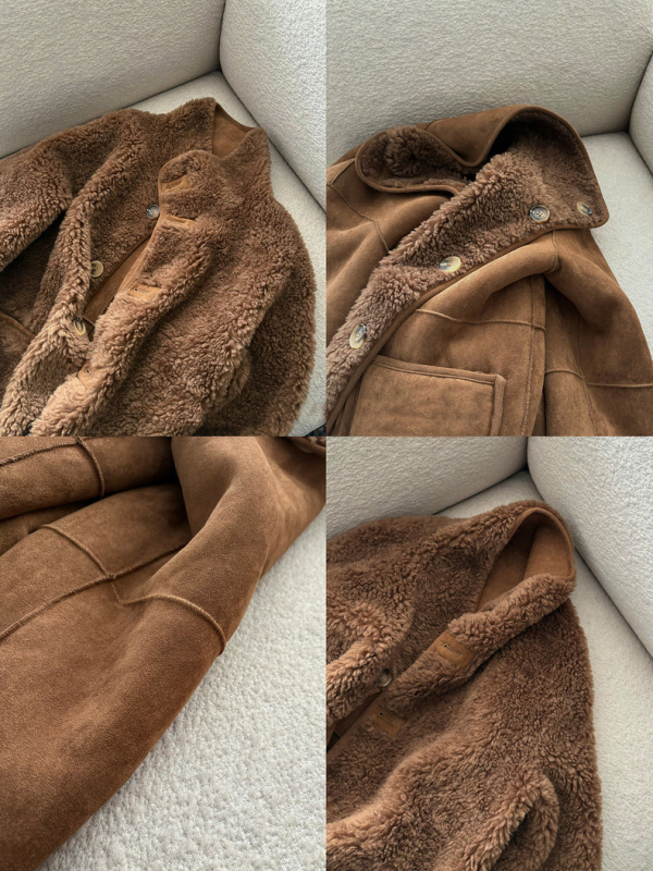 Palton reversibil de blană pentru femei – lână 95%+, guler înalt, mâneci lungi, lungime medie