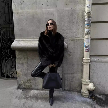 Jachetă din blană artificială cu blană de vulpe, guler înalt, mâneci lungi, stil elegant