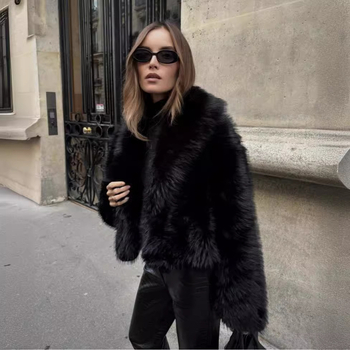 Jachetă din blană artificială cu blană de vulpe, guler înalt, mâneci lungi, stil elegant