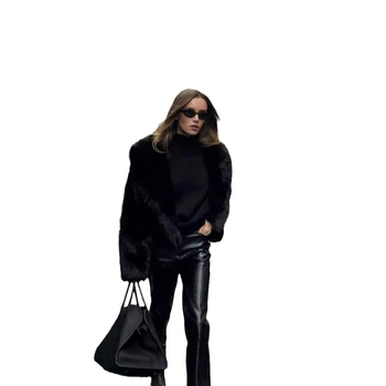 Jachetă din blană artificială cu blană de vulpe, guler înalt, mâneci lungi, stil elegant