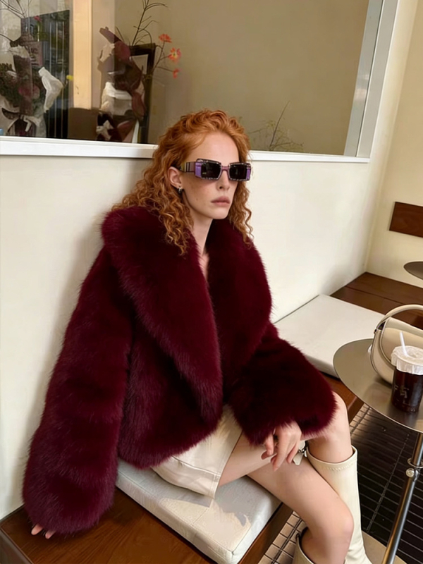 Jachetă din blană artificială cu blană de vulpe, guler înalt, mâneci lungi, stil elegant