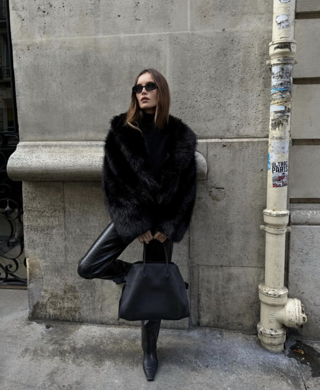 Jachetă din blană artificială cu blană de vulpe, guler înalt, mâneci lungi, stil elegant